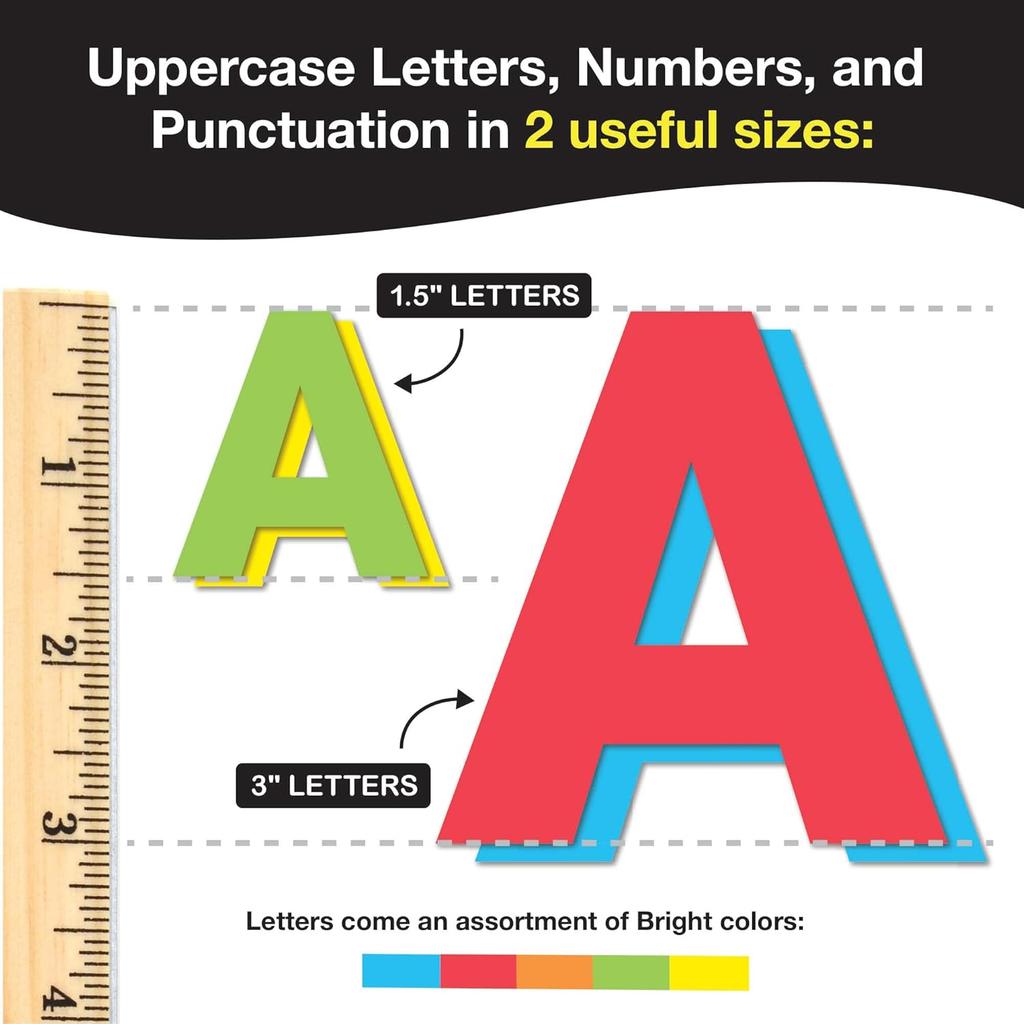 Combo Pack Large & Small Bulletin Board Letters & Numbers, Bright Multicolored 1.5 & 3 in. US Made Capital Alphabet Letters, Numbers, Punctuation for