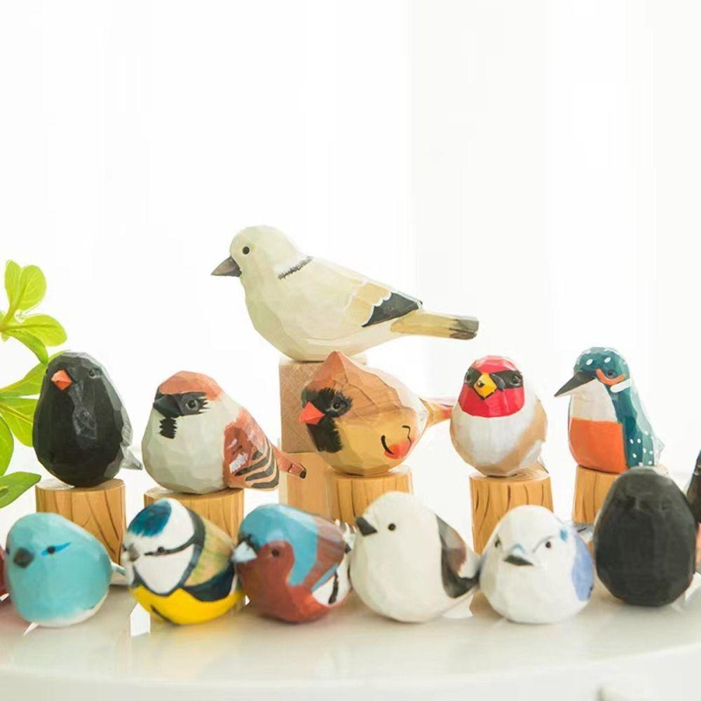 Handmade Small Bird Ornament Cute Wooden Bird Figurine Creative Wood Carving Bird Children's Toys
