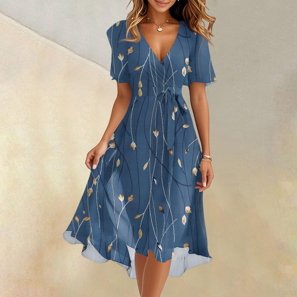 Women's Summer Fashion V-Neck Flared Dress Short Sleeve Floral Dresses