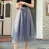 Women Polka Dot Mesh Skirt Elegant High Waist Long Tulle A-line Skirt for Summer Spring QT2078