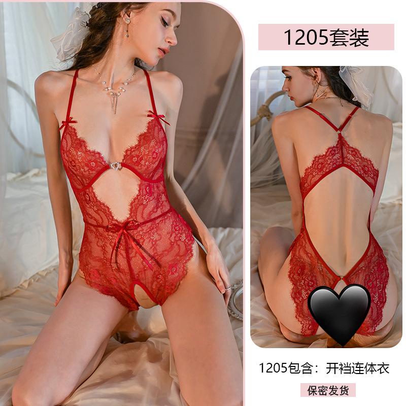 Original Sexy One-piece Women's Romantic Underwear Pure Desire Lace Seductive Open-crotch Uniform Pajama Set 1205