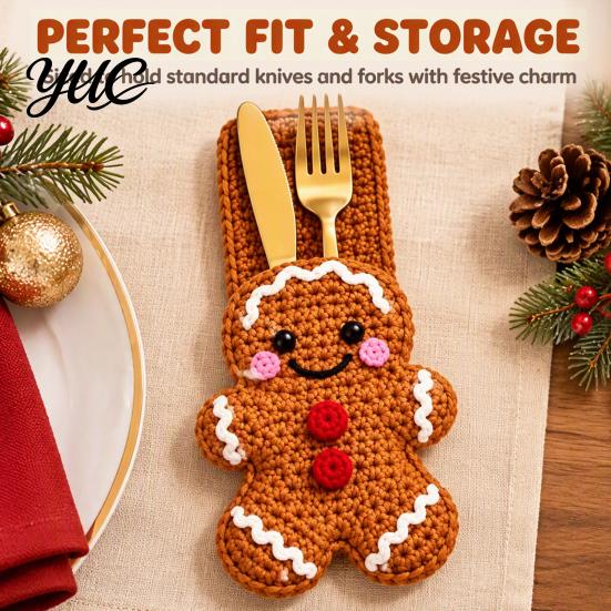 Tableware Storage Bag Christmas Crochet Cutlery Holder, Santa Snowman Reindeer Tree Flower Knife Dining Table Accessories Fork Spoon Sleeve