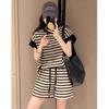 Women's Korean Style Casual Two-Piece Set: Striped Short-Sleeve Sweatshirt, Fashionable and Sporty, Slimming and Trendy.