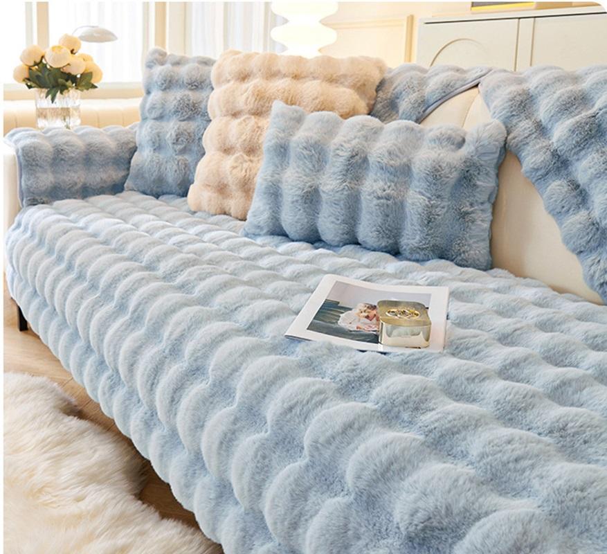 Winter Thickened Rabbit Plush Sofa Cushion Solid Colour Warm Sofa Cover Non-Slip Living Room Decorative Sofa Soft Backrest Towel