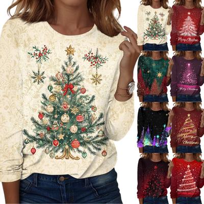 Женская мода повседневный рождественский принт круглый вырез длинный рукав пуловер топ