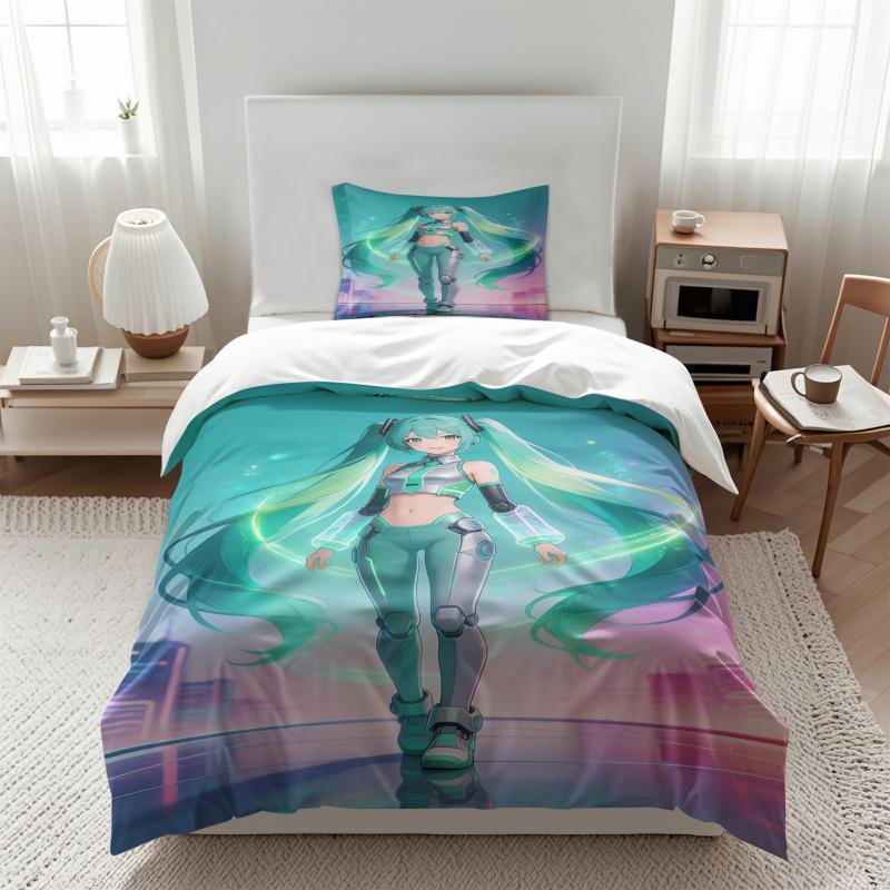Hatsune Miku Futuristic Tech Suit Duvet Cover Set Anime Sci-Fi Bedding with Pillowcases Gaming Room Teens Bedroom Decor Gift
