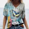 2025 Summer Women's T-shirt Retro Casual V-neck Pullover Short-sleeved Butterfly Print Loose Daily