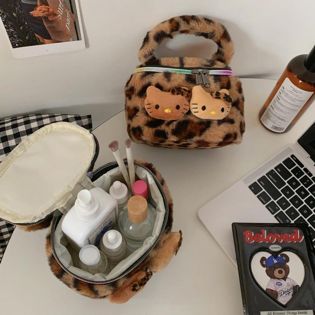 Leopard Print Kitten Plush Makeup Bag - Portable Skincare & Travel Organizer for Women