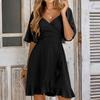 European and American Solid Color Summer Women's V-neck Waist Cinched Ruffle Edge Simple Temperament Dress