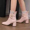 Pink Red White Gilrs Sweet Wedding Shoes Women Round Toe Belt Buckle High Heels Zipper Lady Party Ankle Booties Large Size 47 48