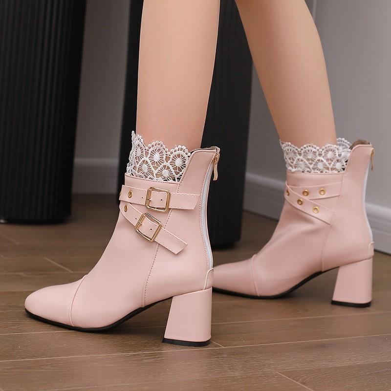 Pink Red White Gilrs Sweet Wedding Shoes Women Round Toe Belt Buckle High Heels Zipper Lady Party Ankle Booties Large Size 47 48