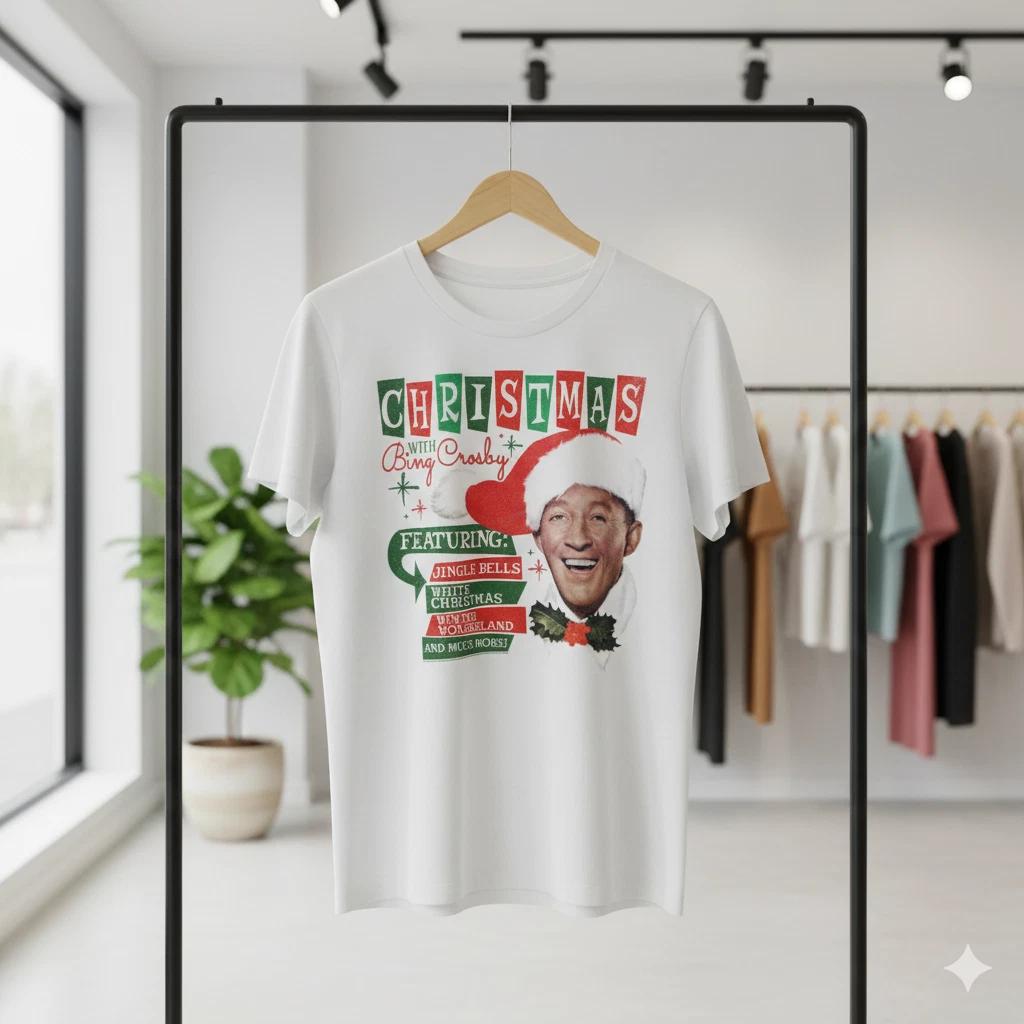 Bing Crosby Christmas Graphic T-Shirt White Holiday Music Vintage Style - T744