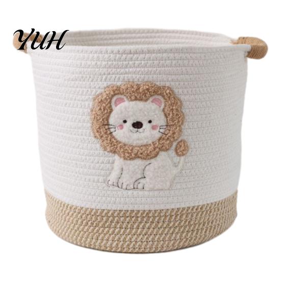 Foldable Sundries Holder Large Cotton Woven Storage Basket, Cartoon Embroidery Toy Organizer Bin, Soft Fabric Container Capacity with Reinforced