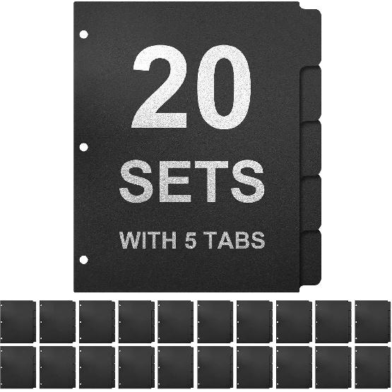 3 Ring Binder Dividers with 5-Tabs for Letter Size, 1/5 Cut, 3-Hole Punched, Write & Erase Plastic Binder Dividers Extra Durable Section Index