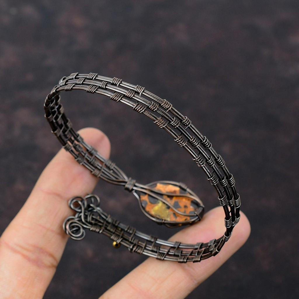 Браслет-манжета из боксита, браслет из драгоценных камней, браслет из медной проволоки, регулируемый браслет-манжета из медной проволоки, ювелирное украшение в подарок для него, ручной работы, браслет в стиле бохо