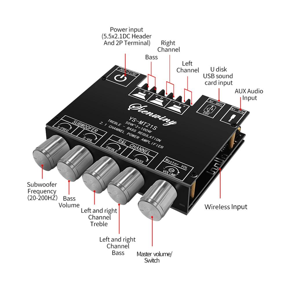 ZK-MT21 2x50 Вт + 100 Вт 2,1-канальный сабвуфер, цифровой усилитель мощности, плата AUX 12 В 24 В, аудио стерео Bluetooth 5,0 басовый усилитель для дома