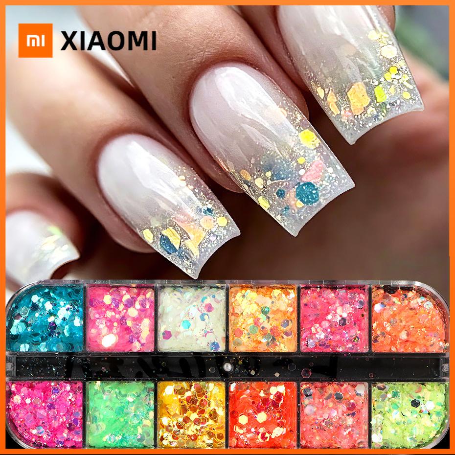 Xiaomi 12 Ячеек Радужные Голографические Блестки для Ногтей Блестки Гексагональные Хлопья Аврора Русалка Крупные Блестящие Украшения для Маникюра