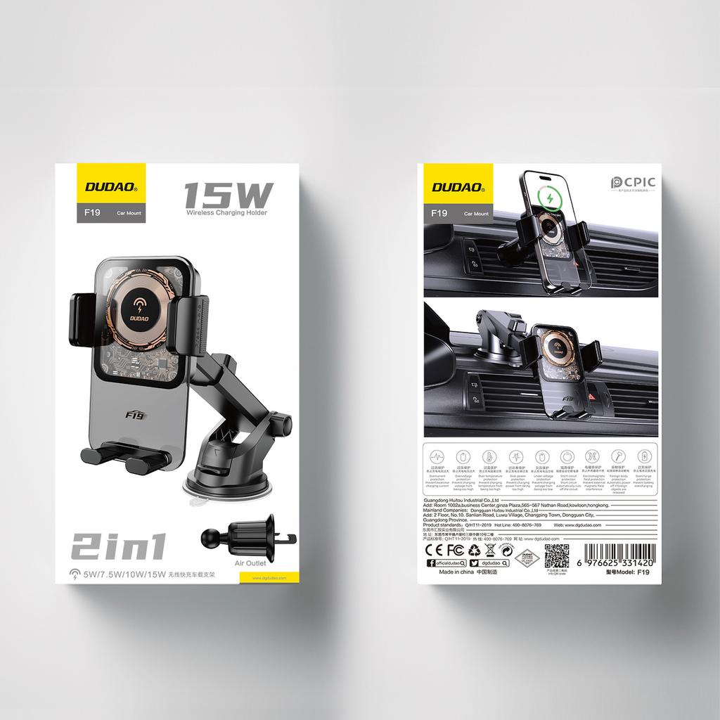 Автомобильное крепление Dudao F19 и беспроводное зарядное устройство 15 Вт — черный
