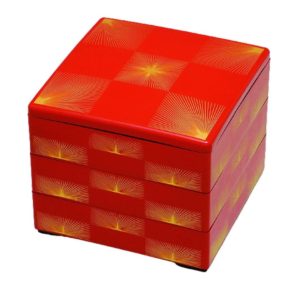 J-kitchens Outdoor Lunch Box (Lunch Box) Made in Japan, 3 Tiers, 7-inch, Vermilion, Pine Needle Checkered Pattern, 21.0cm x 21.0cm x 16.5cm