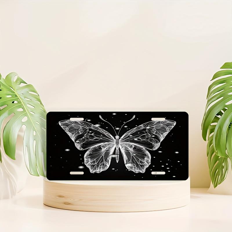 D Flat pc Posters Butterfly Pattern Plaque Frame with Protective Cover Black Background White Line Art Design