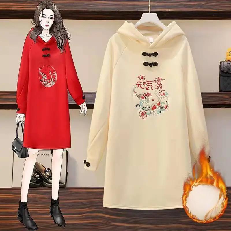 Женское осенне-зимнее модное платье-свитер в китайском стиле из бархата и толстого хлопка, можно носить до 150 кг