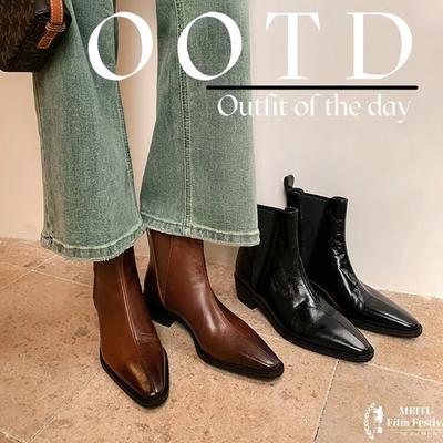 Полированные челси из коровьей кожи первого слоя женские короткие ботинки 2025 зима новая маленькая квадратная голова пуловер толстый каблук женские одинарные ботинки