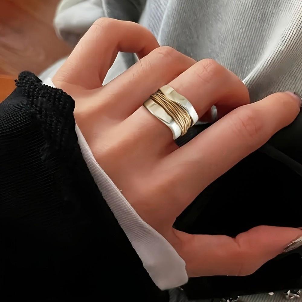 Engraved Line Two-tone Ring Double Layer Punk Style Ring  Holiday Accessories
