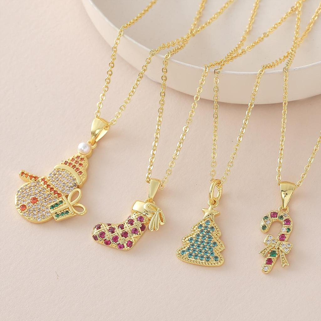 Copper Zircon-Embellished Christmas Tree & Snowman Pendant Necklace