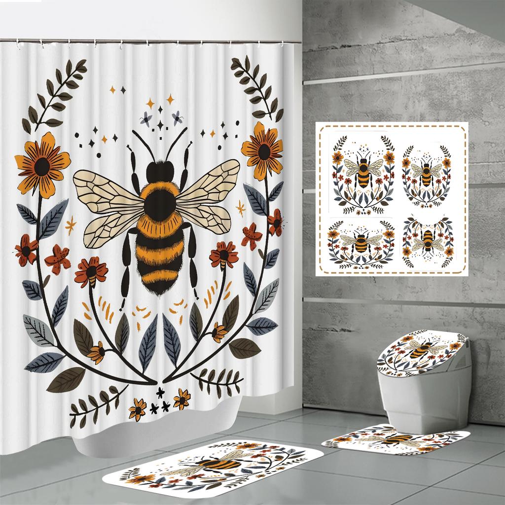 4 ШТ. Наборы штор для душа со шторкой для душа и ковриками, коврик для крышки унитаза, U-образный коврик и коврик для ванной, набор для ванной комнаты с 12 крючками