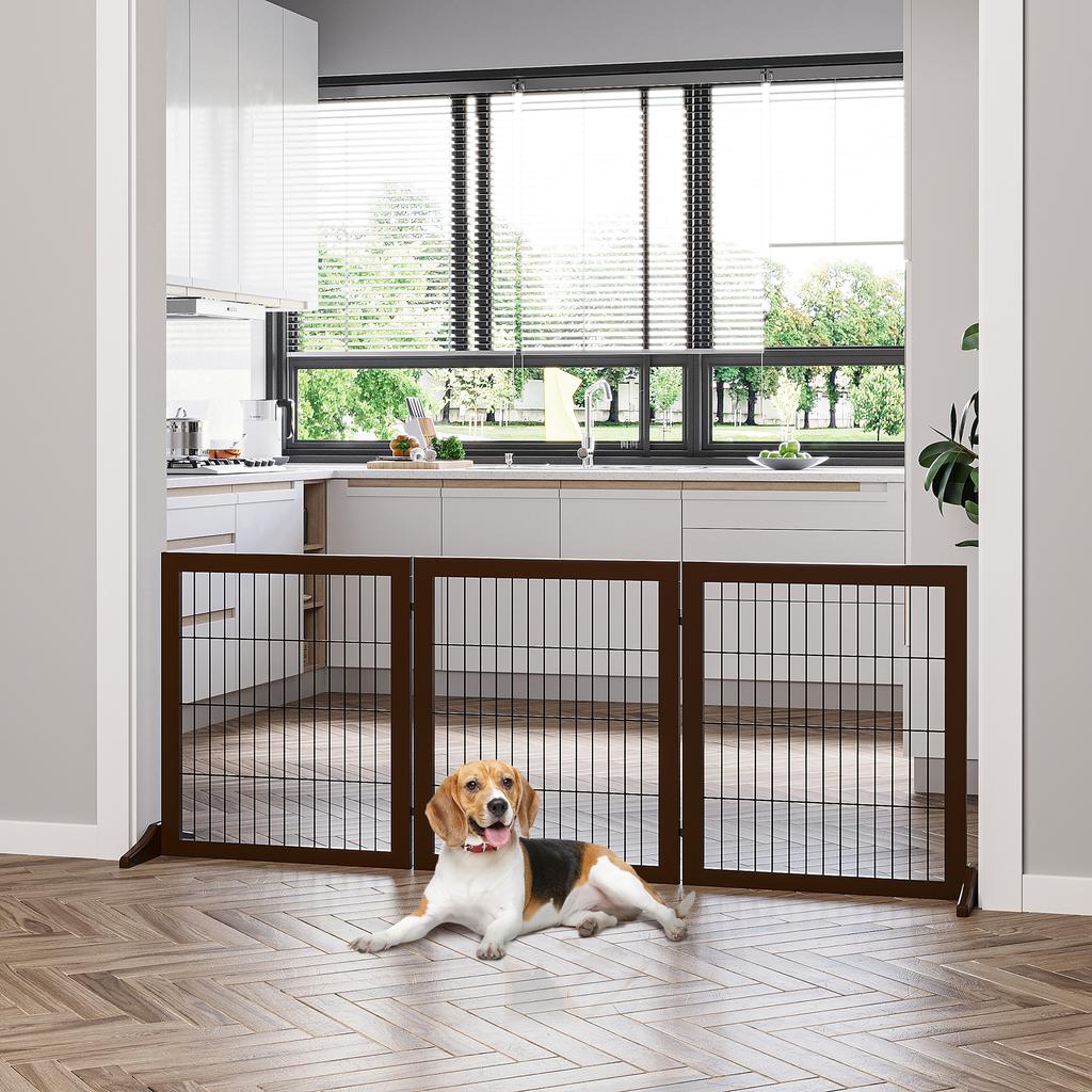 Freestanding Dog Gate 3 Panel Safety Pet Barrier Foldable w/ Support Feet Brown 185 x71 cm