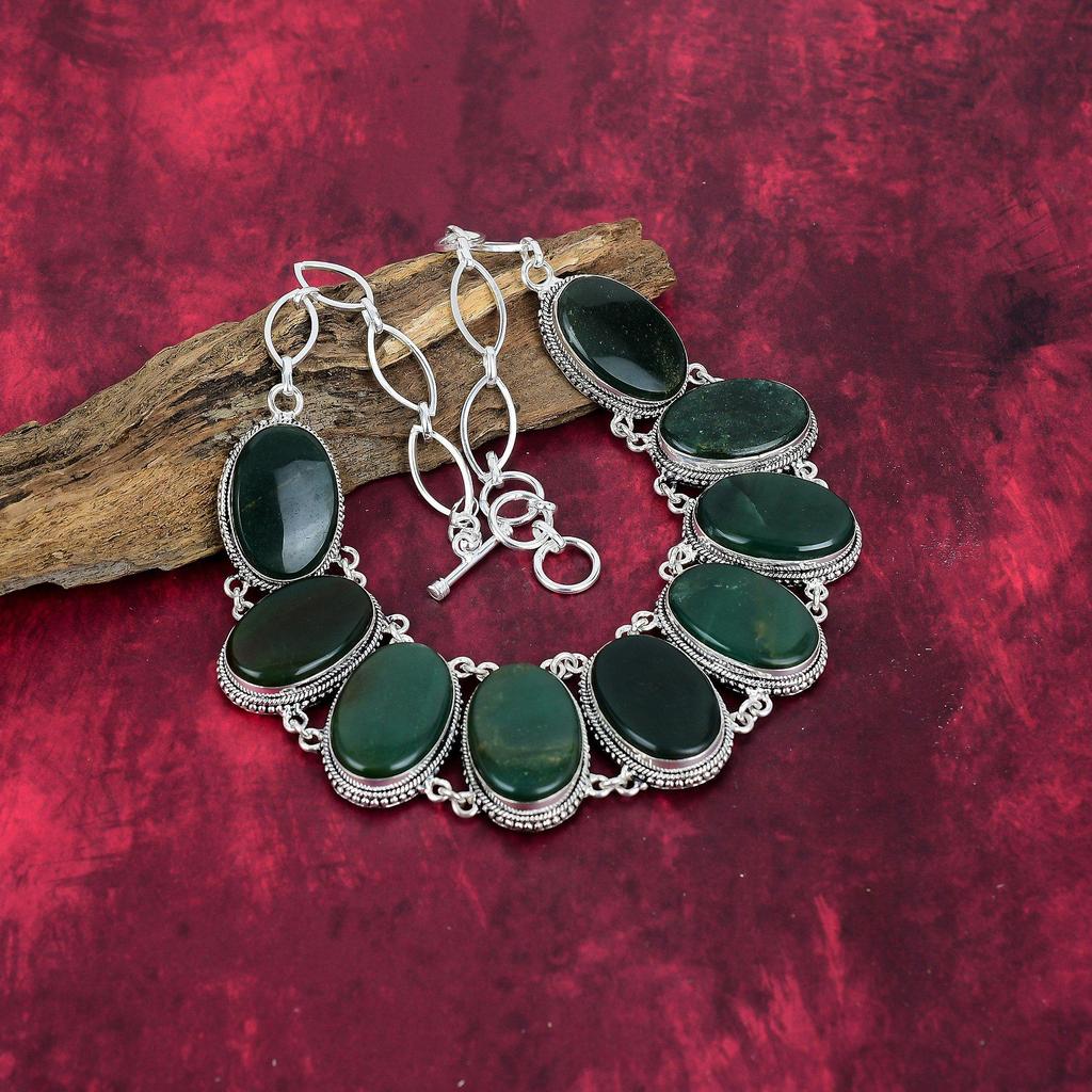 Green Jade Gemstone Jewelry, Handmade 925 Solid Sterling Silver Bracelet & Necklace Jewelry Set For Wedding Gift