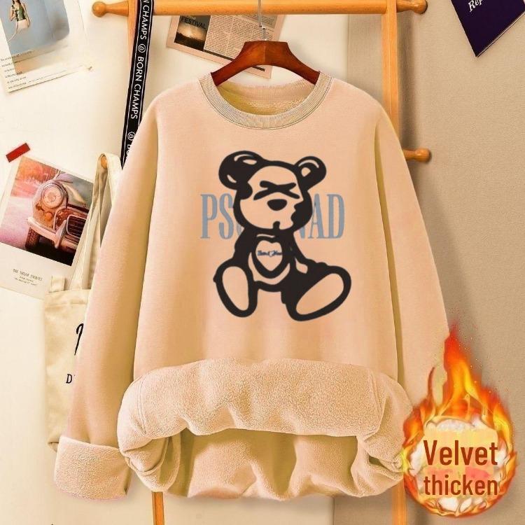 2024 Autumn Winter Women Fashionable Velvet Thickened Cartoon Print Loose Fit Round Neck Sweatshirt Top