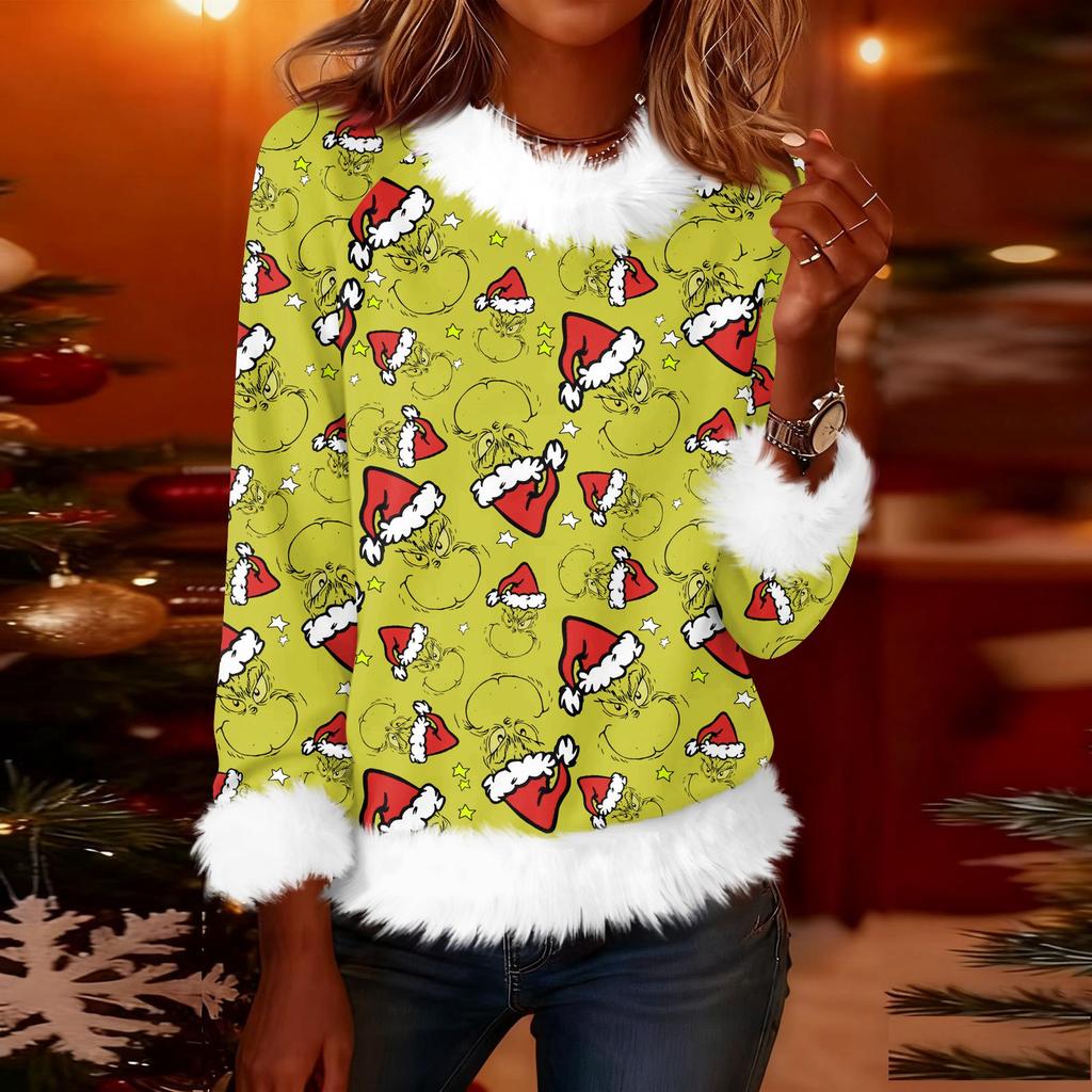 Женская модная рождественская футболка с принтом, круглым вырезом и длинными рукавами, повседневный пуловер
