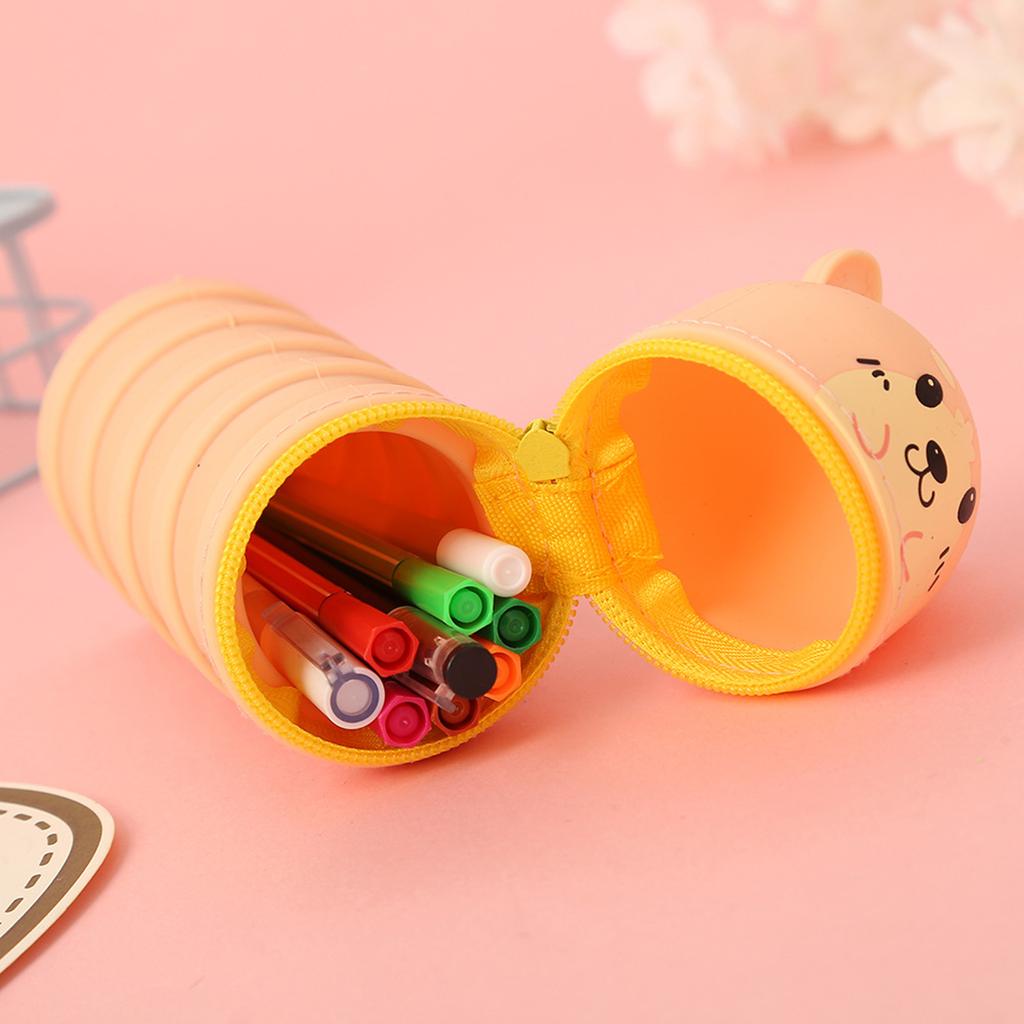 2Pcs Cartoon Pencil Holder Telescopic Silicone Pen Bag Pencil Pouches Zippered Pen Case Collapsible Pen Pencil Holder