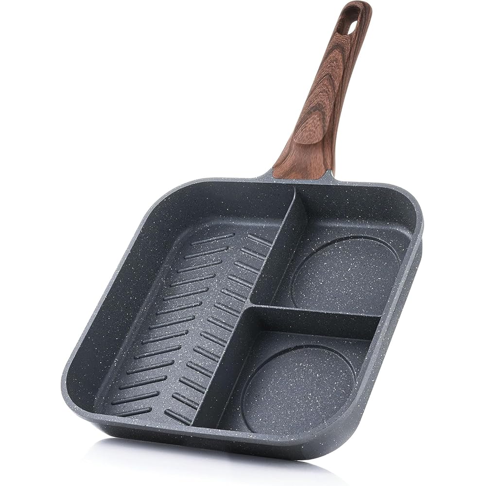 Sensarte 24cm Divided Grill Pan Marble Coating PFOA Free Non-Stick Compatible with IH Gas Gray