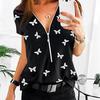 Women Ladies Plus Size Print Zipper Short Sleeve V-neck Pullover Tops Shirt