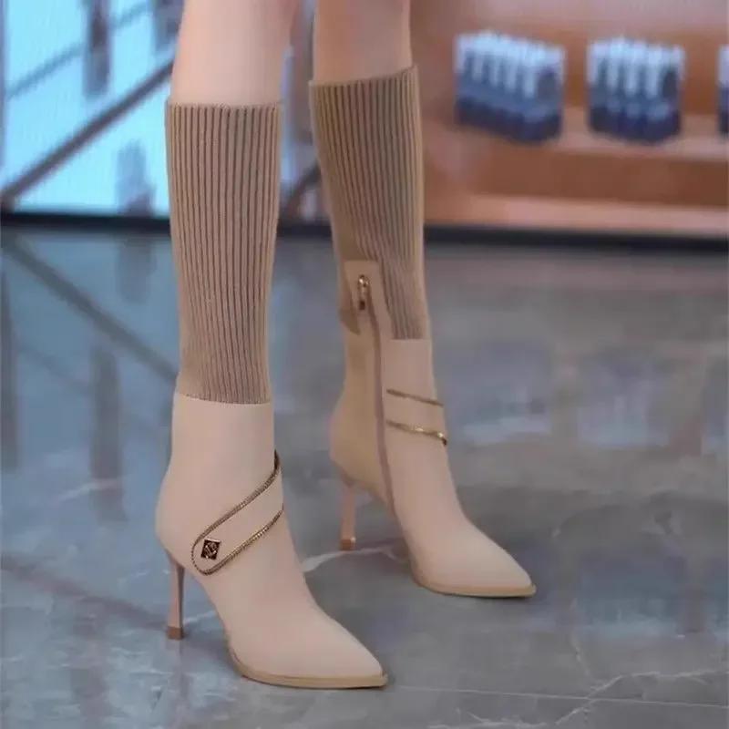 Pointed Toe Knee High Shaft Shoes Woman Elastic Sock Long Boots for Women Spring 2025 Designer Luxury Pu Footwear Sale Gyaru Hot