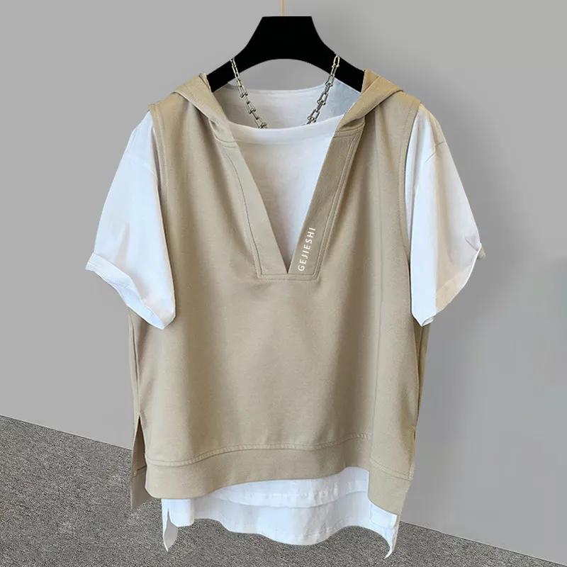 Футболка из двух частей с вышивкой и капюшоном, женская летняя свободная футболка с короткими рукавами