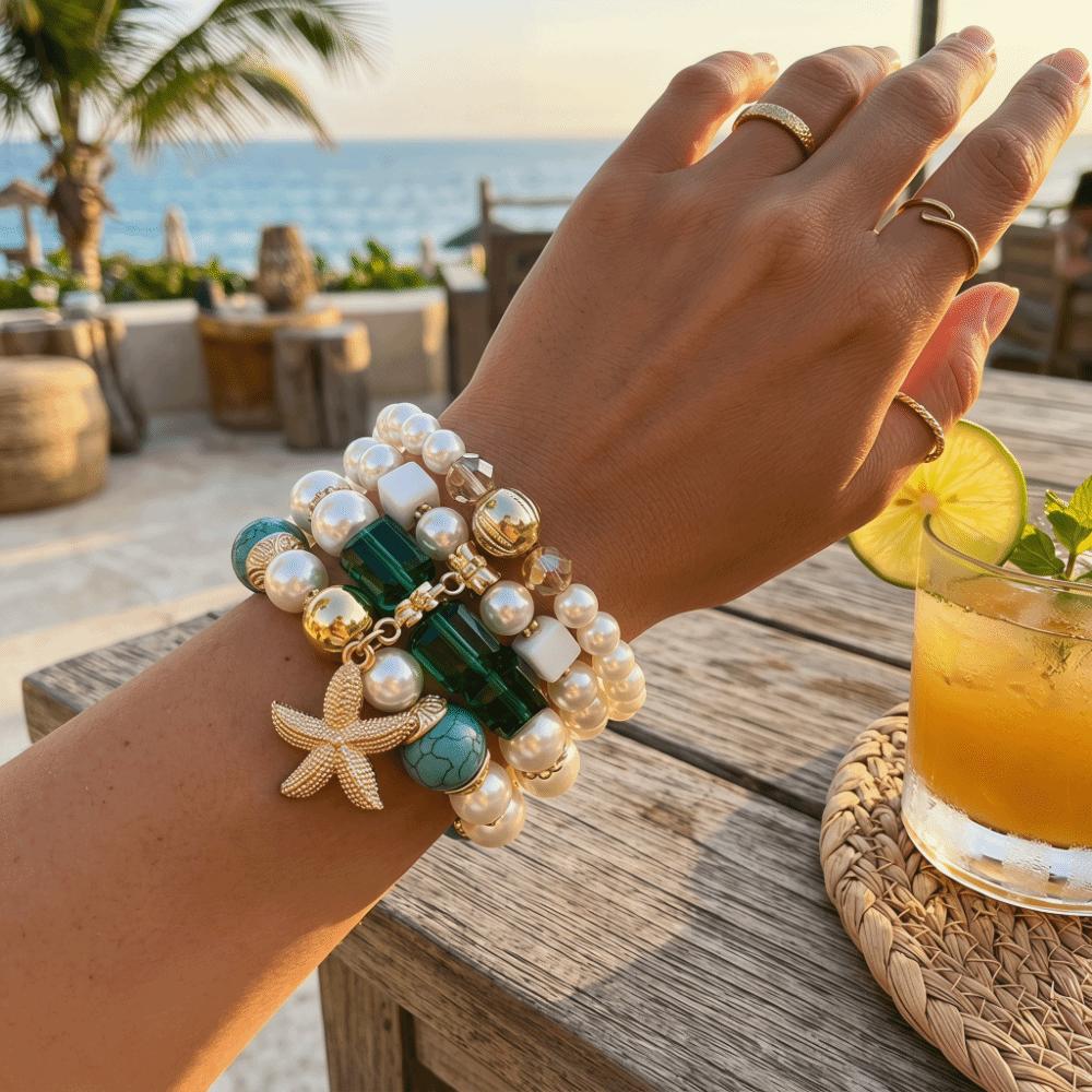 4pcs/set Ethnic Style Simulated Pearl Bracelets Bohemia Style Multilayer Hand Chain Casual Outfit