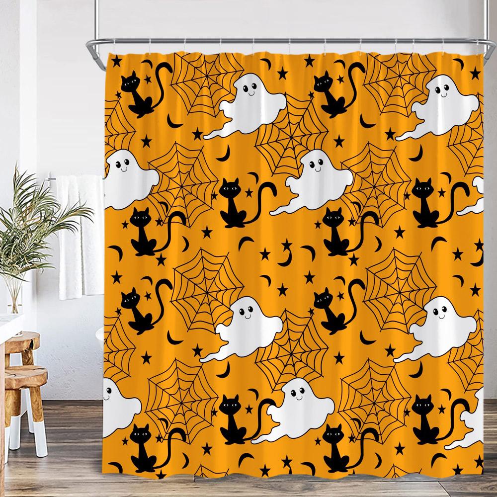 Cute Ghost Cartoon Pattern Shower Curtain Pumpkin Lantern Spectre Orange Pink Bathroom Decor Kid Happy Halloween Bathtub Curtain