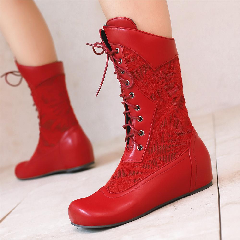 Мода 2025 Дизайн Сапоги до середины икры для женщин Круглый носок Внутренний каблук Шнуровка Большой размер 48 49 50 Модные ботильоны для свиданий