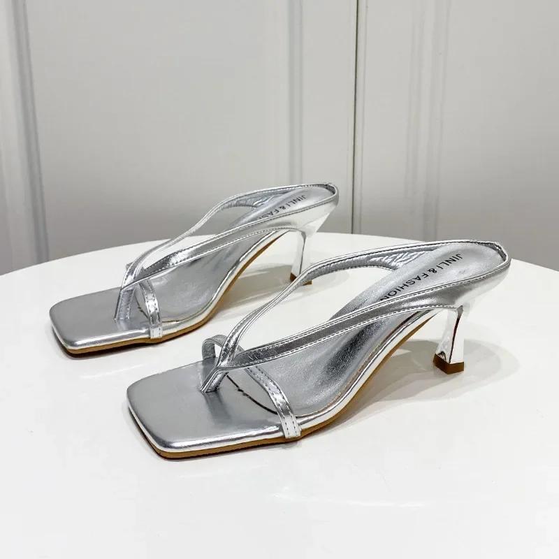 2024 Женские летние босоножки на высоком каблуке Сексуальные тапочки с квадратным носком Женские шлепанцы с пряжкой для вечеринок Босоножки на каблуках большого размера