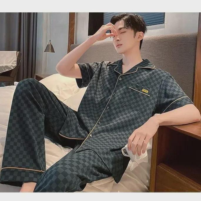 Мужской пижамный комплект из 100% хлопка в клетку с короткими рукавами и кардиганом