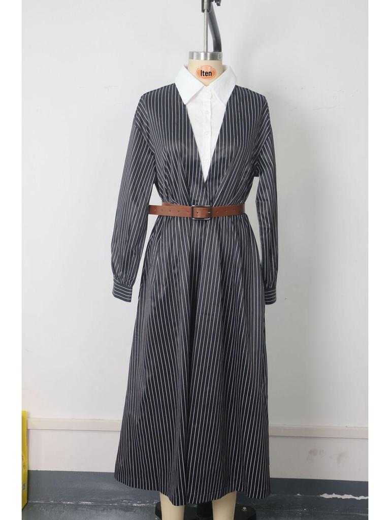 Женское ретро-платье-рубашка в полоску (европейский и американский стиль), Осенняя коллекция - Свободный крой с поясом, Color-block, Дизайн с воротником-рубашкой