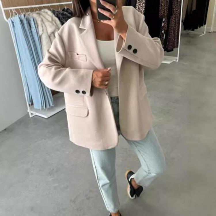 Women Winter Woolen Coat Oversized Thick Casual Long Sleeves Solid Color Top Autumn Loose Single Breasted Lapel Collar Jacket
