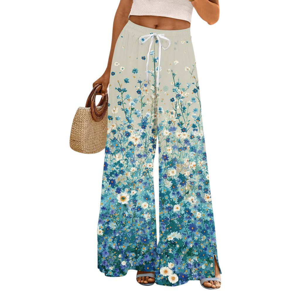 Women's Casual Wide Leg Pants Stretch Belt Pocket Floral Print Adjustable Tie Pants