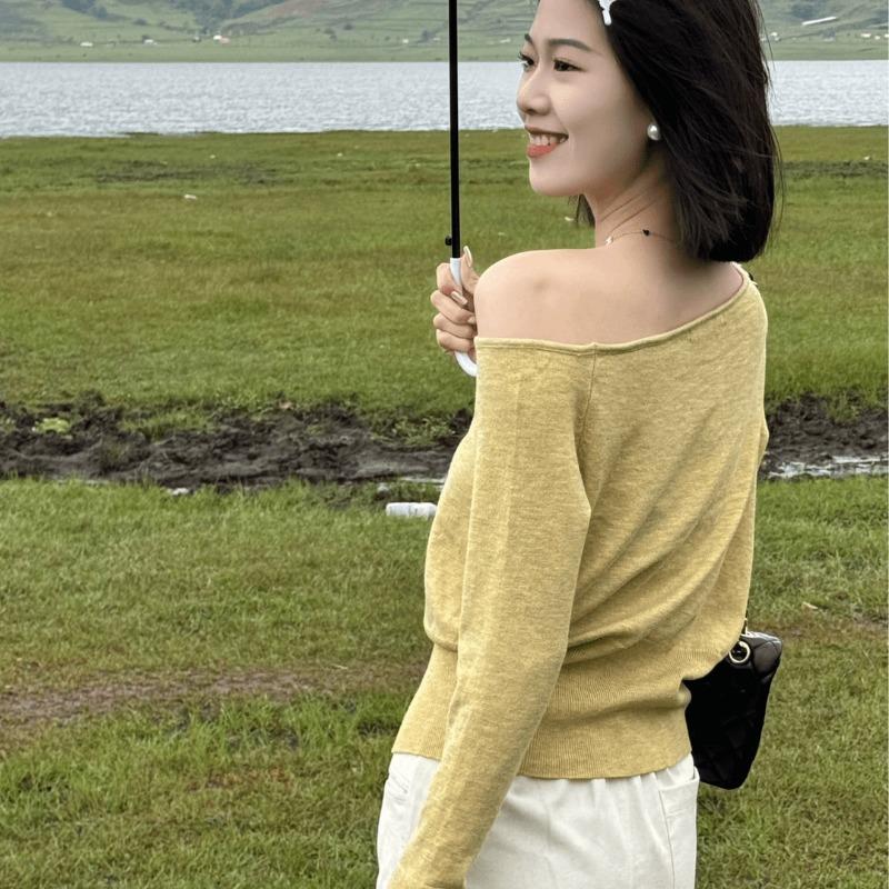 Модные вязаные свитера с открытыми плечами и длинными рукавами, осенние, нерегулярные, косые, сексуальные, вязаные женские свитера с разрезами, зимние, тонкие, повседневные, пуловеры 25351