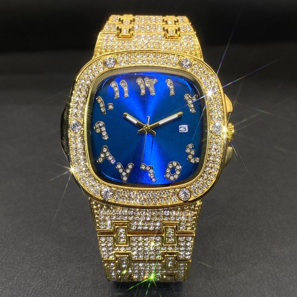 Luxury Diamond Watch for Men Hip Hop Style Bling Iced Out Wristwatch Fashion Square Steel Waterproof Clock
