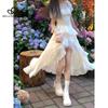 French Style Summer Irregular Skirt Ruffled Waist Elegant Sweet Square Collar Bubble Sleeve Dress