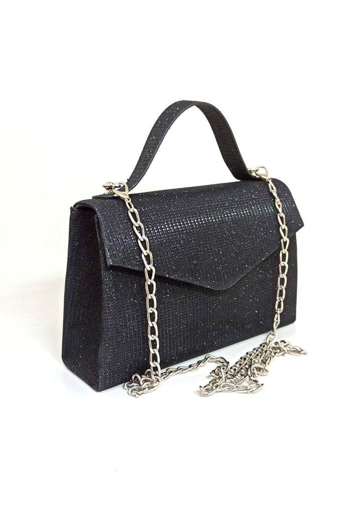 Women's Stylish and Useful Evening Dress Bag Women's Silvery Black Breasted Fabric Silver Chain Strap Evening Bag
